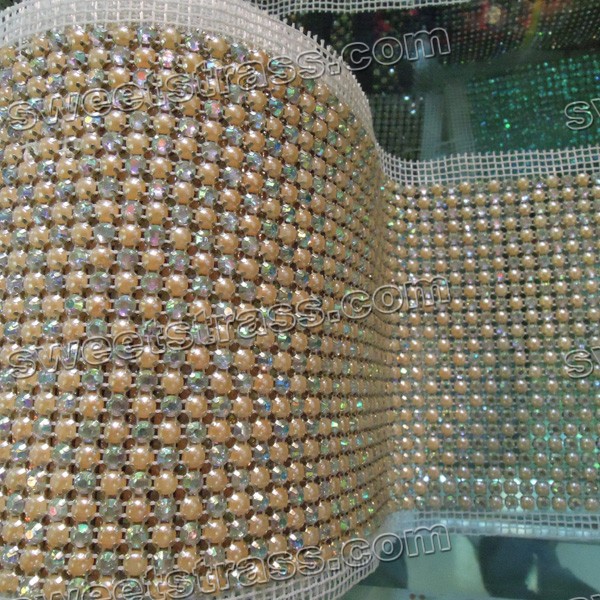 24 Rows Silver Metal Set Pearl Crystal Mesh Roll Wholesale