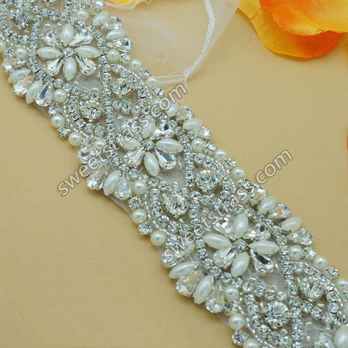 2015 Newest Bridal Appliques Pearl Rhinestone Trim Wholesale