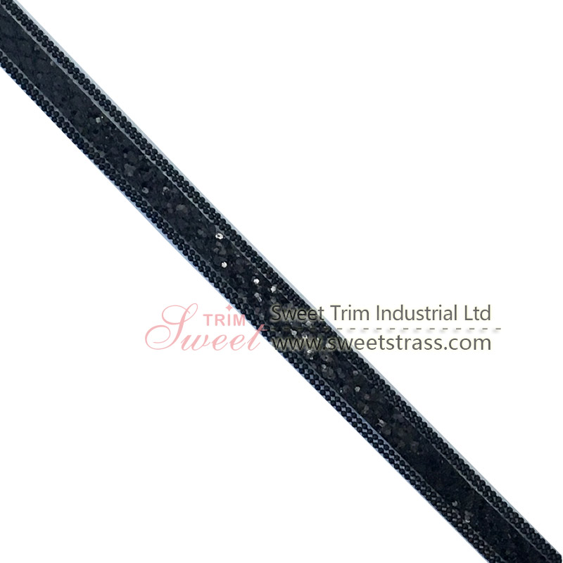 lovely Iron on Custom Decorative black Color Hotfix Glass Bead Tape Rhinestone Applique Trim