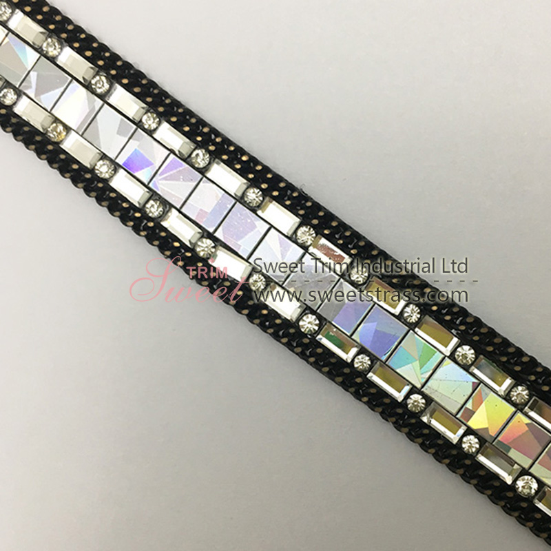 Hot melt glue black chain white square glass shape rhinestone appliques hot fix rhinestone sheet for 