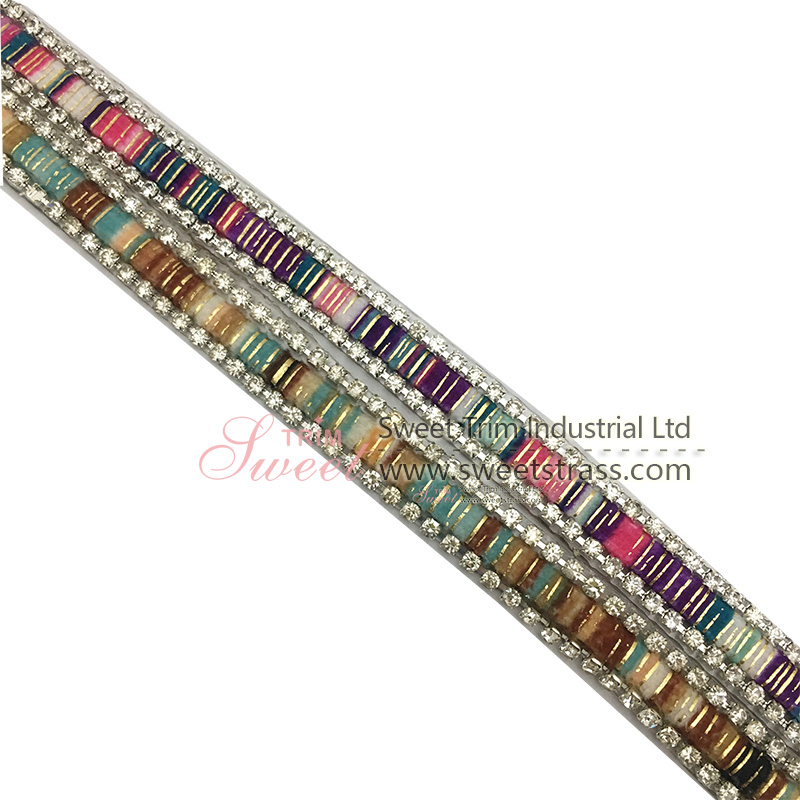 Decorative 1cm Metallic Beads Edged Hot Fix Rhinestone Trim for Garments Sandals