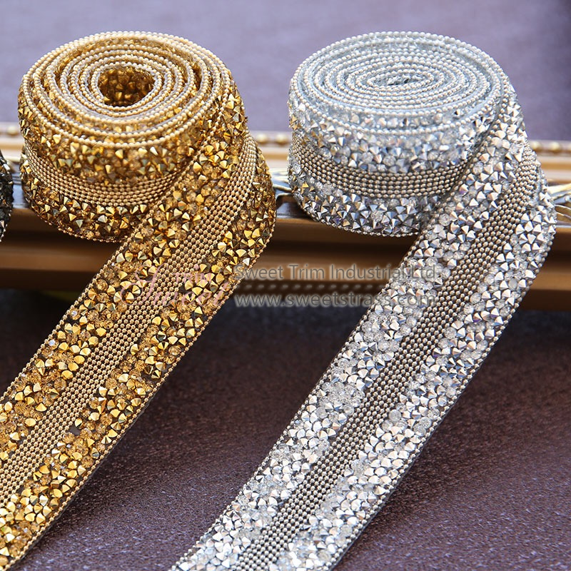 Wholesale Hot Fix 10 Yards Copper Beads Crystal Sticker Rhinestone Lace Trim For Clothing Accessory