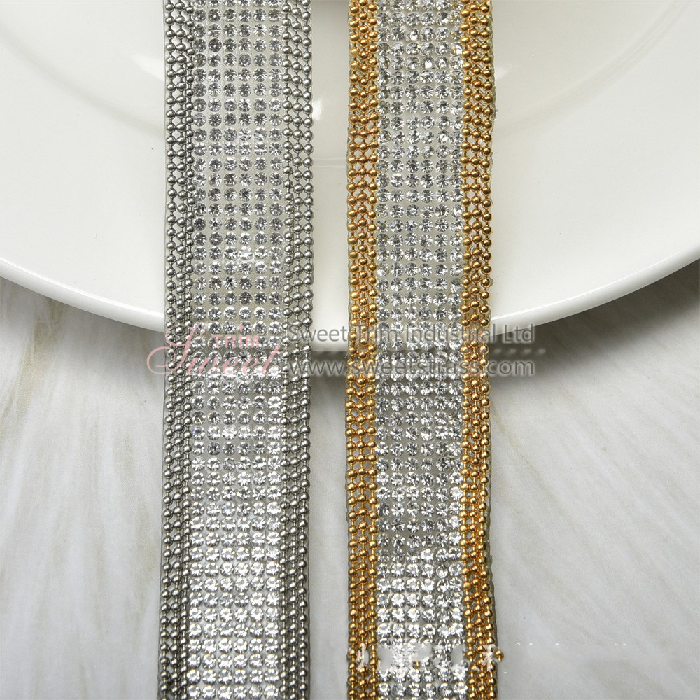 Crystal AB Set In Silver Hotfix Glass Rhinestone Mesh Strips